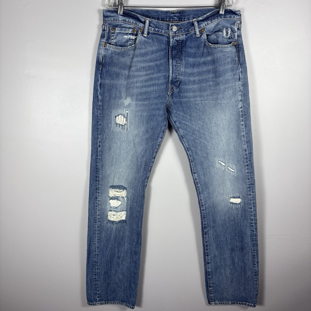 Levi's 501 Mens 36x35 Medium Wash Button Fly Distressed Straight Leg Demin Jeans